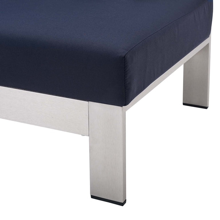 Shore Sunbrella® Fabric Outdoor Patio Aluminum 4 Piece Sectional Sofa Set in Silver Navy, EEI-4314-SLV-NAV-SET