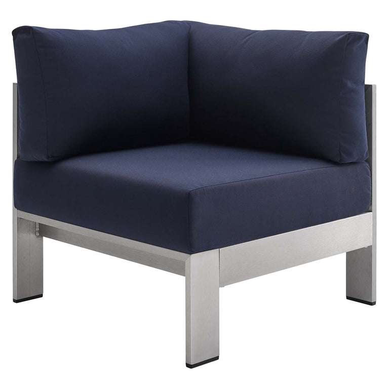 Shore Sunbrella® Fabric Outdoor Patio Aluminum 4 Piece Sectional Sofa Set in Silver Navy, EEI-4314-SLV-NAV-SET