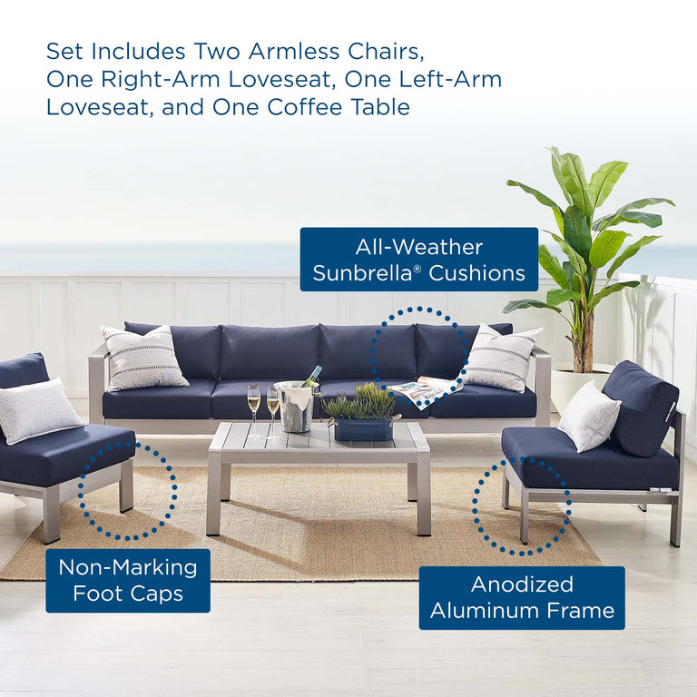 Shore Sunbrella® Fabric Outdoor Patio Aluminum 5 Piece Sectional Sofa Set in Silver Navy, EEI-4318-SLV-NAV-SET