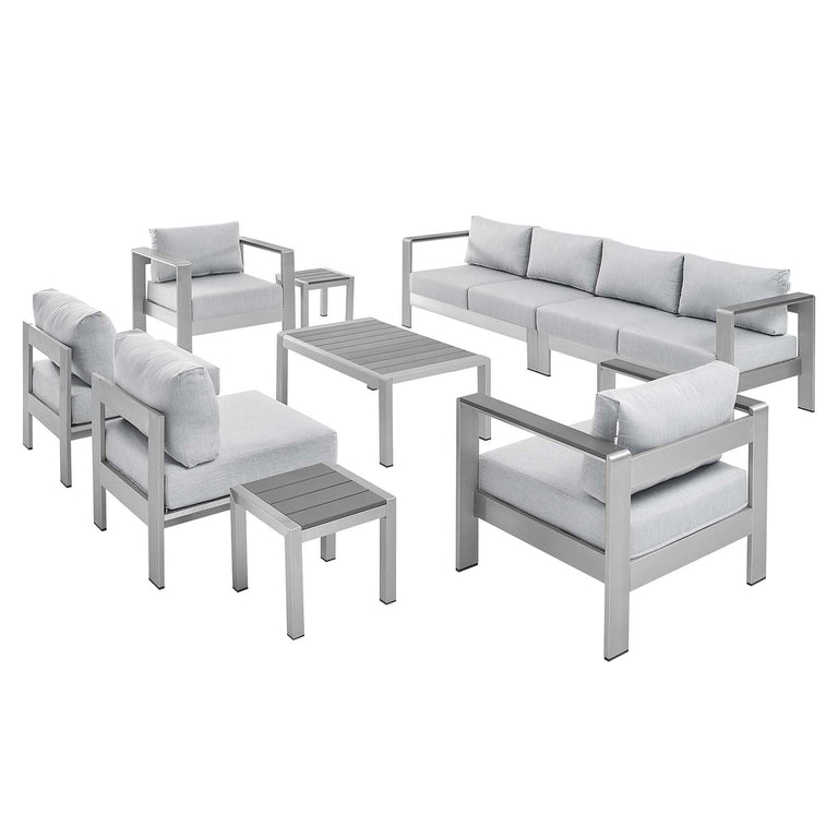 Shore Sunbrella® Fabric Outdoor Patio Aluminum 9 Piece Sectional Sofa Set in Silver Gray, EEI-4320-SLV-GRY-SET