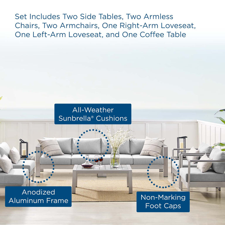 Shore Sunbrella® Fabric Outdoor Patio Aluminum 9 Piece Sectional Sofa Set in Silver Gray, EEI-4320-SLV-GRY-SET