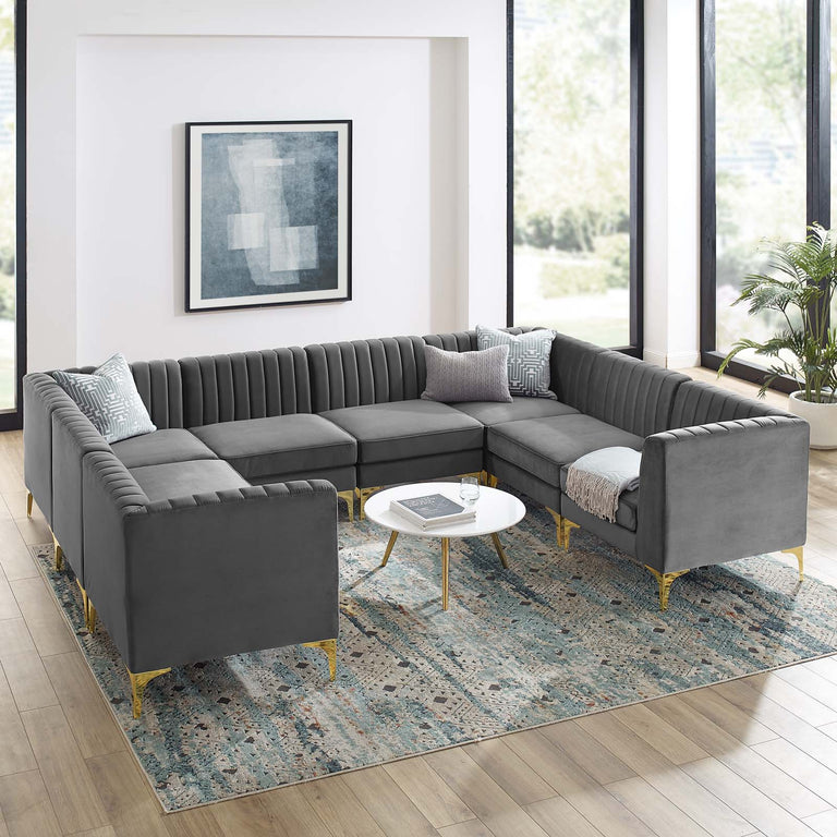 Triumph Channel Tufted Performance Velvet 8-Piece Sectional Sofa in Gray, EEI-4353-GRY