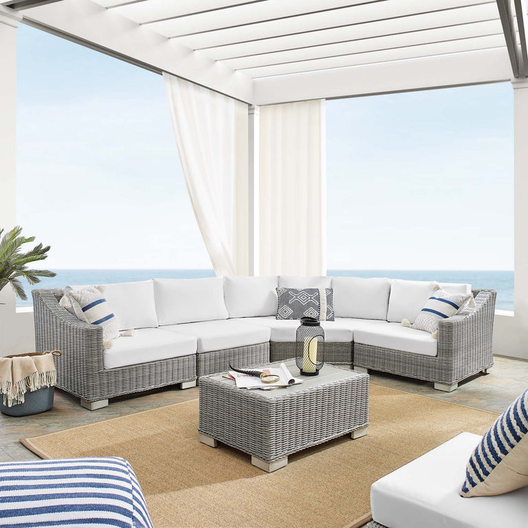 Conway Sunbrella® Outdoor Patio Wicker Rattan 5-Piece Sectional Sofa Set in Light Gray White, EEI-4357-LGR-WHI