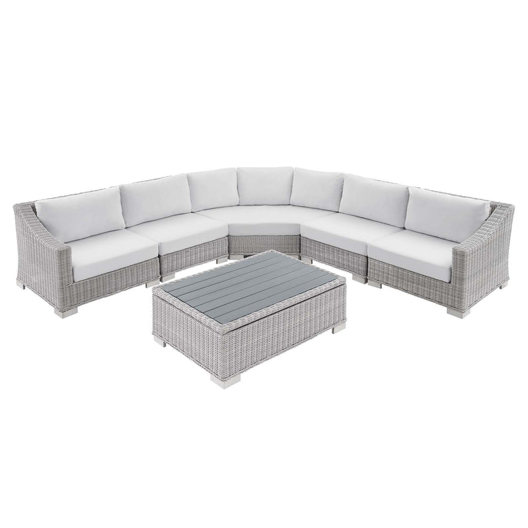 Conway Sunbrella® Outdoor Patio Wicker Rattan 6-Piece Sectional Sofa Set in Light Gray White, EEI-4358-LGR-WHI