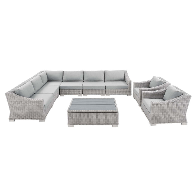 Conway Sunbrella® Outdoor Patio Wicker Rattan 9-Piece Sectional Sofa Set in Light Gray Gray, EEI-4360-LGR-GRY