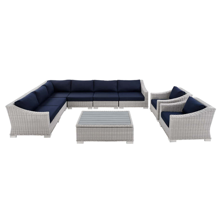 Conway Sunbrella® Outdoor Patio Wicker Rattan 9-Piece Sectional Sofa Set in Light Gray Navy, EEI-4360-LGR-NAV