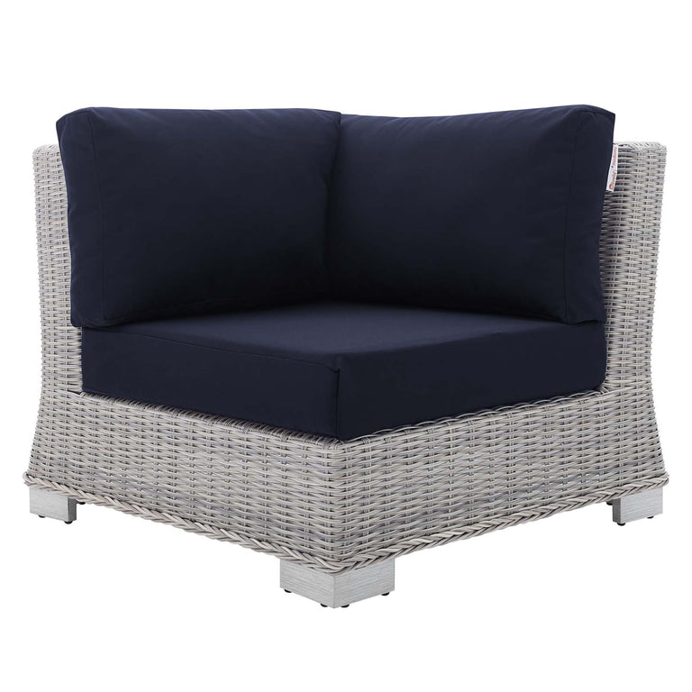 Conway Sunbrella® Outdoor Patio Wicker Rattan 9-Piece Sectional Sofa Set in Light Gray Navy, EEI-4360-LGR-NAV
