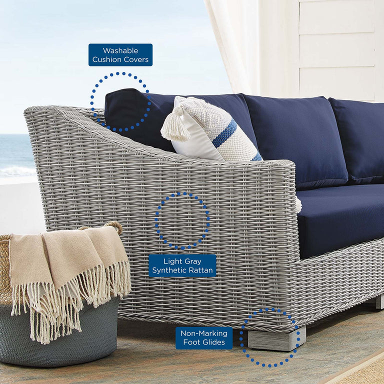 Conway Sunbrella® Outdoor Patio Wicker Rattan 9-Piece Sectional Sofa Set in Light Gray Navy, EEI-4360-LGR-NAV