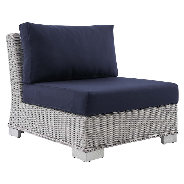Conway Sunbrella® Outdoor Patio Wicker Rattan 9-Piece Sectional Sofa Set in Light Gray Navy, EEI-4360-LGR-NAV
