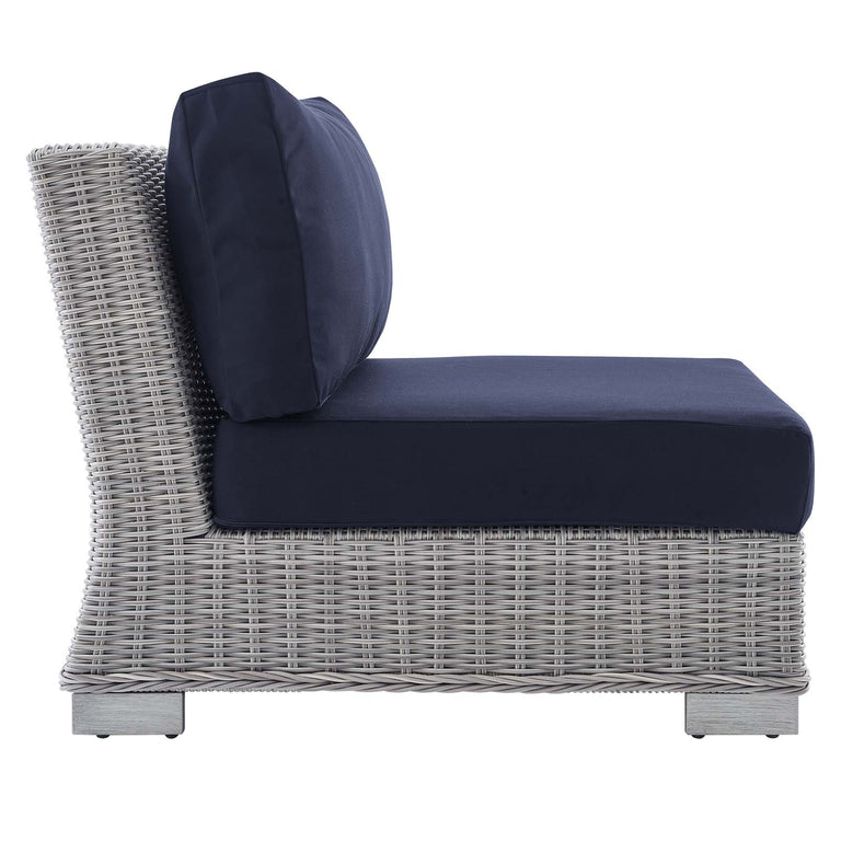 Conway Sunbrella® Outdoor Patio Wicker Rattan 9-Piece Sectional Sofa Set in Light Gray Navy, EEI-4360-LGR-NAV