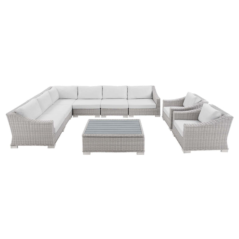 Conway Sunbrella® Outdoor Patio Wicker Rattan 9-Piece Sectional Sofa Set in Light Gray White, EEI-4360-LGR-WHI