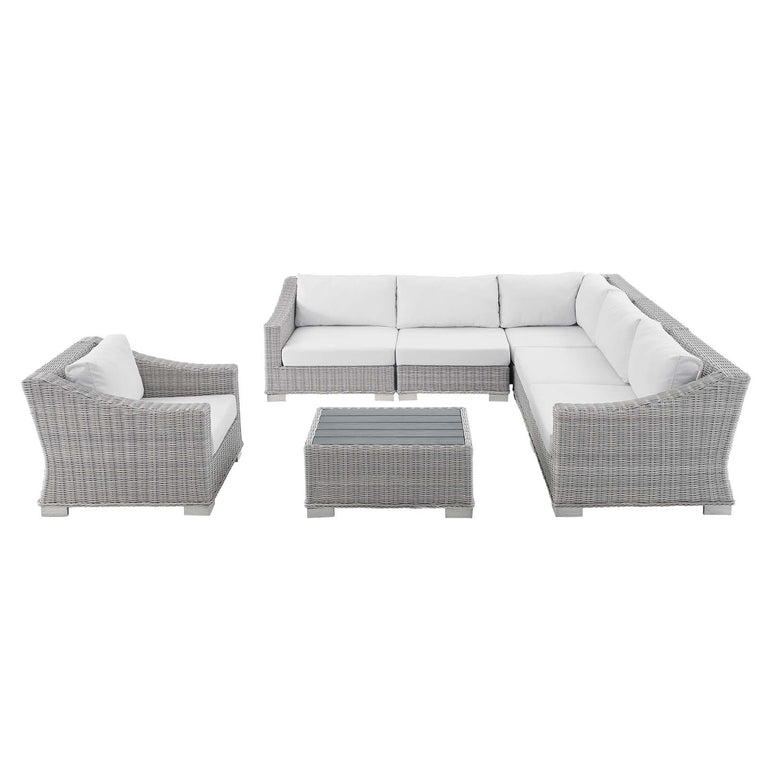 Conway Sunbrella® Outdoor Patio Wicker Rattan 7-Piece Sectional Sofa Set in Light Gray White, EEI-4362-LGR-WHI