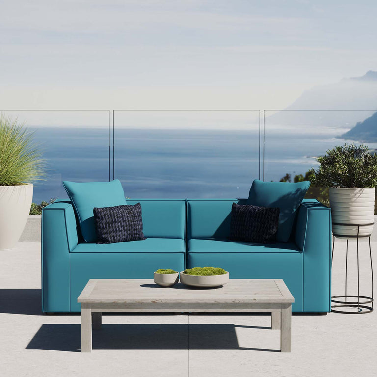 Saybrook Outdoor Patio Upholstered 2-Piece Sectional Sofa Loveseat in Turquoise, EEI-4377-TUR