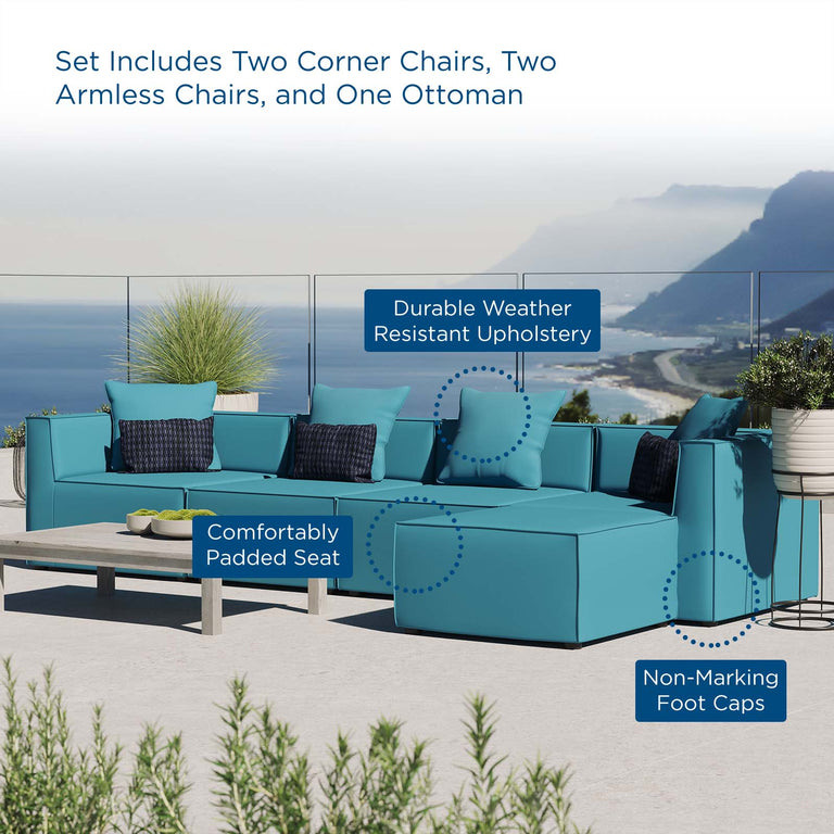 Saybrook Outdoor Patio Upholstered 5-Piece Sectional Sofa in Turquoise, EEI-4382-TUR
