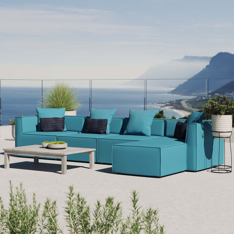 Saybrook Outdoor Patio Upholstered 5-Piece Sectional Sofa in Turquoise, EEI-4382-TUR