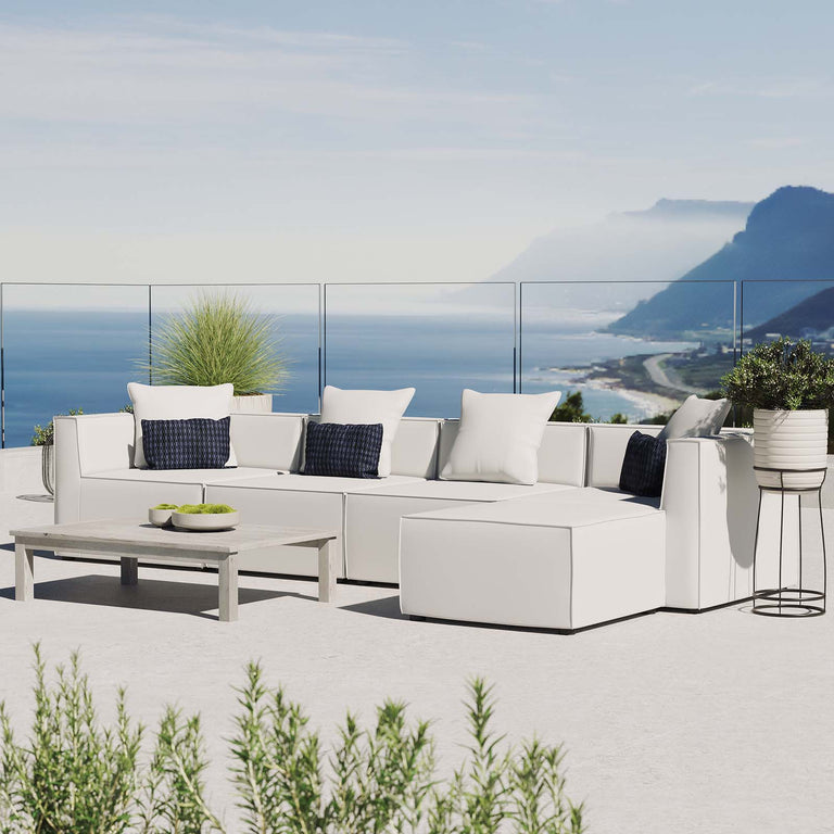 Saybrook Outdoor Patio Upholstered 5-Piece Sectional Sofa in White, EEI-4382-WHI