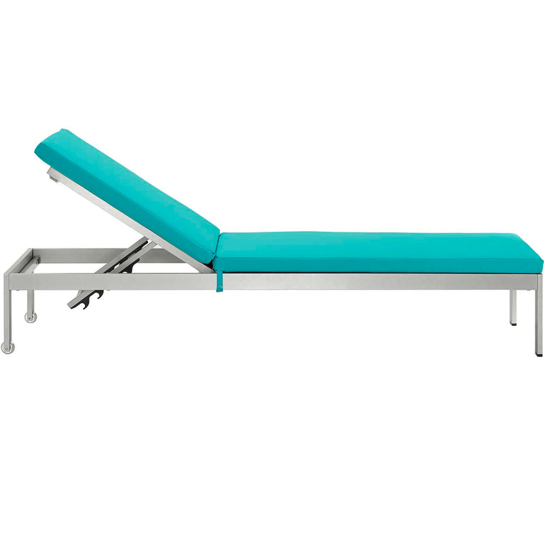 Shore Outdoor Patio Aluminum Chaise with Cushions in Silver Turquoise, EEI-4501-SLV-TRQ