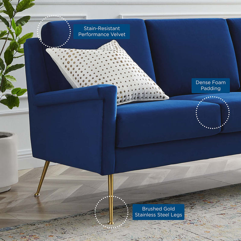 Chesapeake Performance Velvet Sofa in Gold Navy, EEI-4627-GLD-NAV