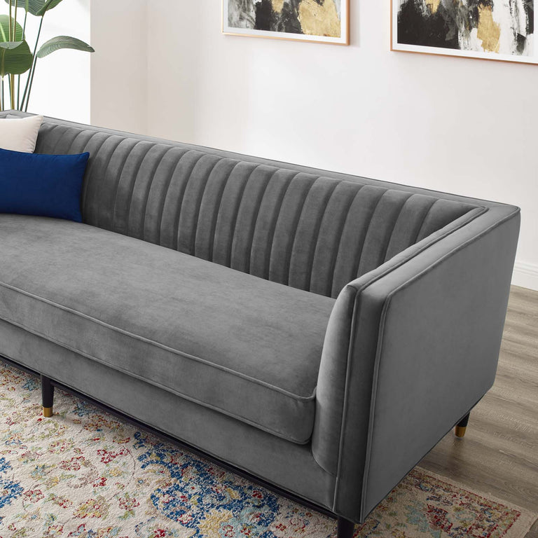 Devote Channel Tufted Performance Velvet Sofa in Gray, EEI-4720-GRY
