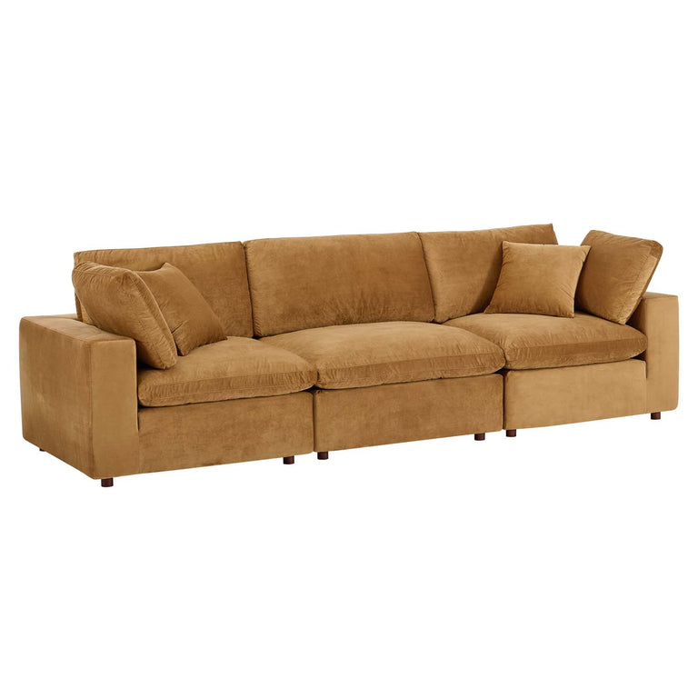 Commix Down Filled Overstuffed Performance Velvet 3-Seater Sofa in Cognac, EEI-4817-COG