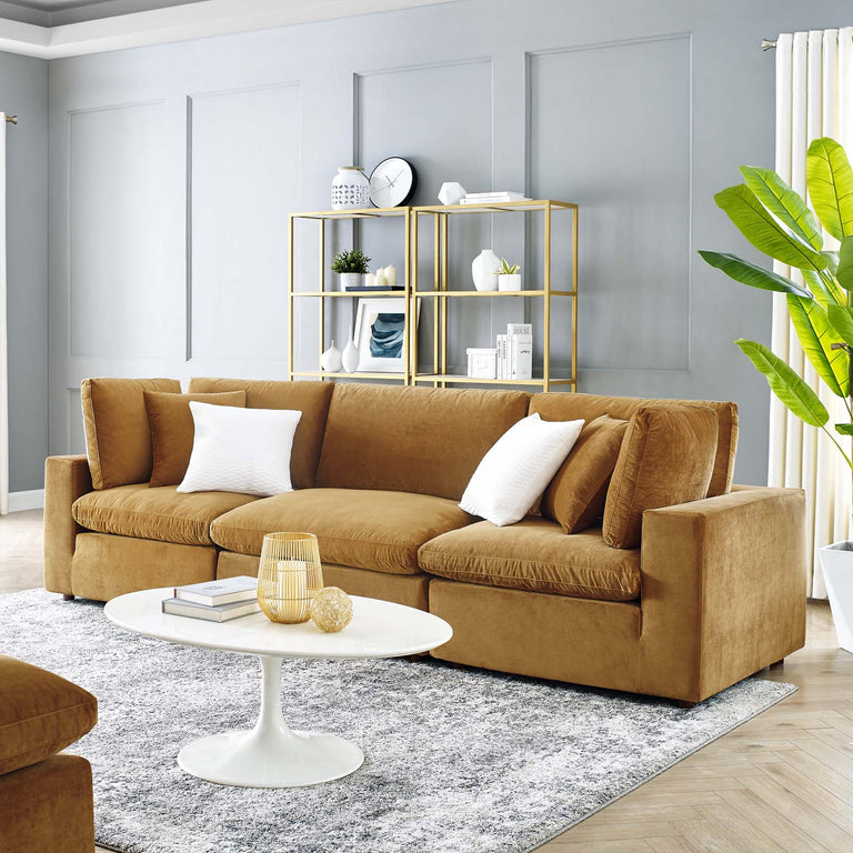 Commix Down Filled Overstuffed Performance Velvet 3-Seater Sofa in Cognac, EEI-4817-COG
