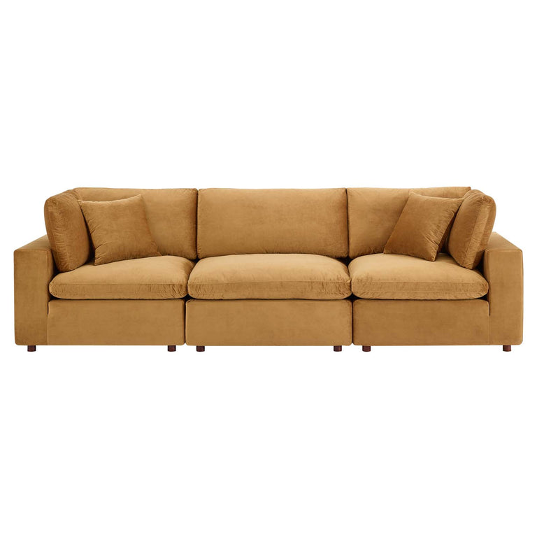 Commix Down Filled Overstuffed Performance Velvet 3-Seater Sofa in Cognac, EEI-4817-COG
