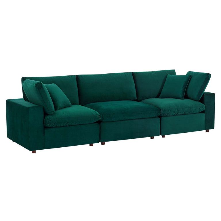 Commix Down Filled Overstuffed Performance Velvet 3-Seater Sofa in Green, EEI-4817-GRN