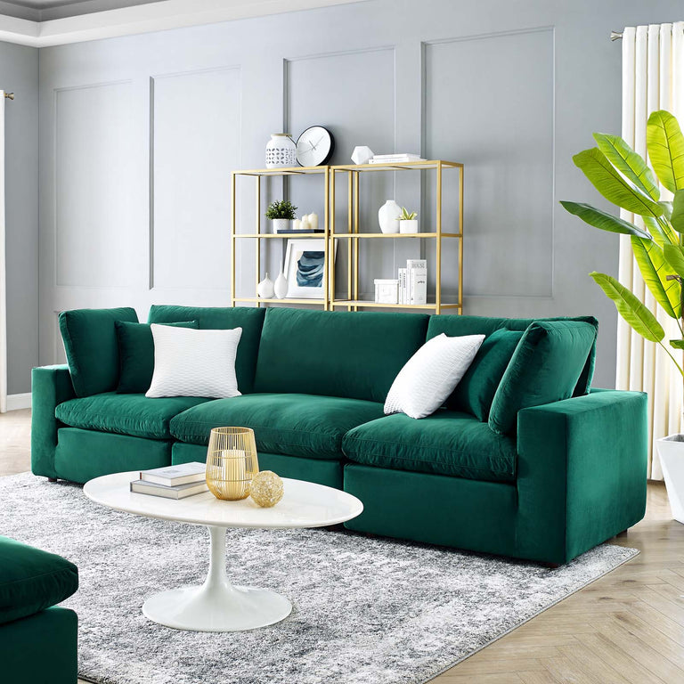 Commix Down Filled Overstuffed Performance Velvet 3-Seater Sofa in Green, EEI-4817-GRN