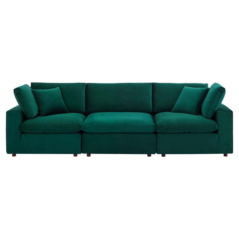 Commix Down Filled Overstuffed Performance Velvet 3-Seater Sofa in Green, EEI-4817-GRN