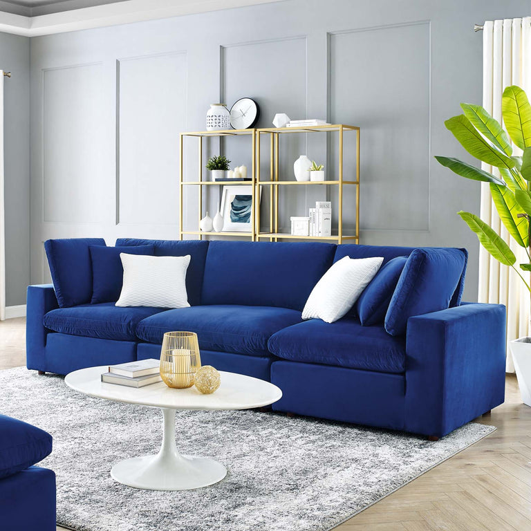 Commix Down Filled Overstuffed Performance Velvet 3-Seater Sofa in Navy, EEI-4817-NAV