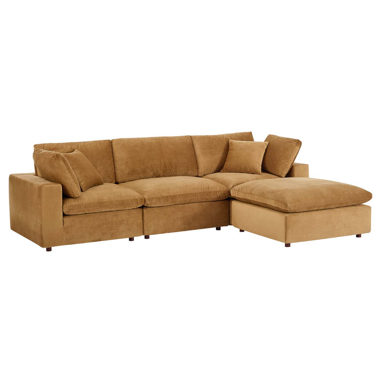Commix Down Filled Overstuffed Performance Velvet 4-Piece Sectional Sofa in Cognac, EEI-4818-COG
