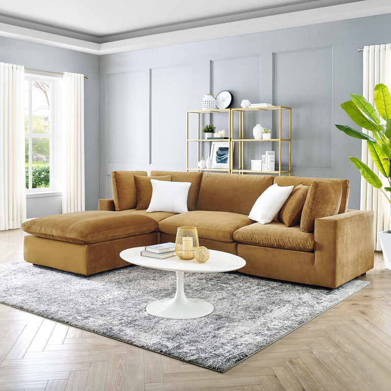 Commix Down Filled Overstuffed Performance Velvet 4-Piece Sectional Sofa in Cognac, EEI-4818-COG
