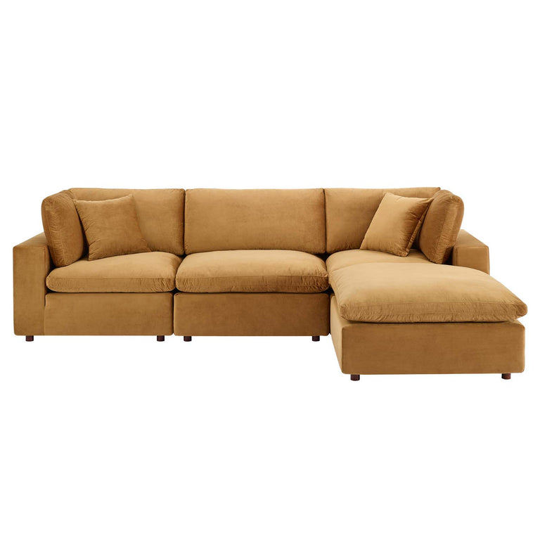 Commix Down Filled Overstuffed Performance Velvet 4-Piece Sectional Sofa in Cognac, EEI-4818-COG