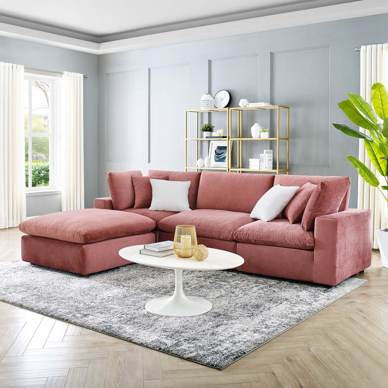Commix Down Filled Overstuffed Performance Velvet 4-Piece Sectional Sofa in Dusty Rose, EEI-4818-DUS