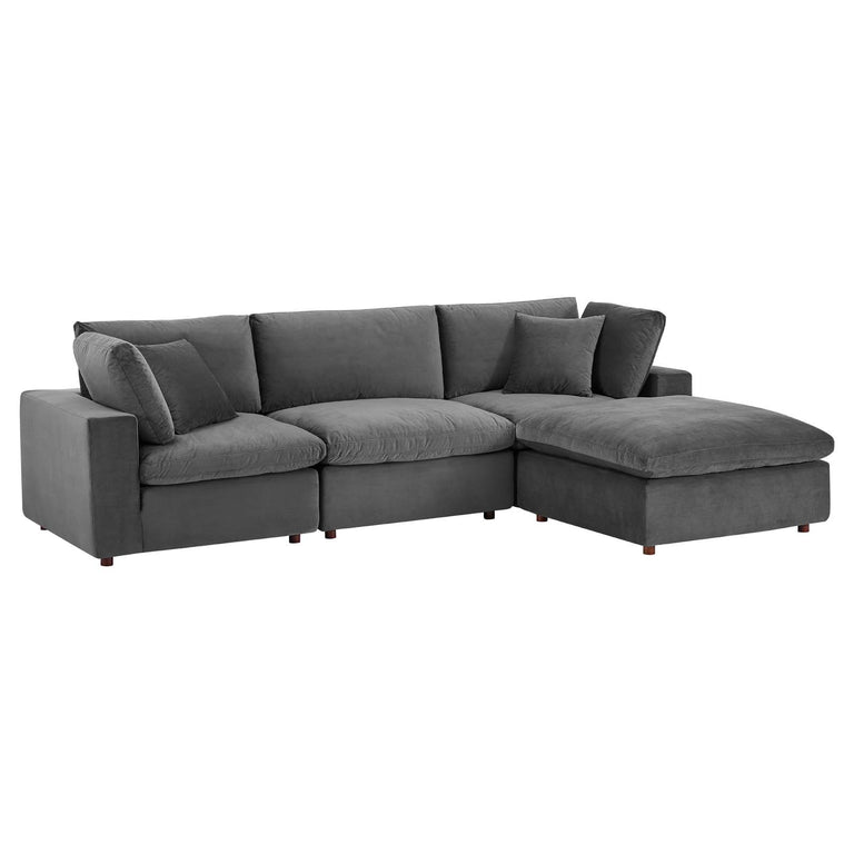 Commix Down Filled Overstuffed Performance Velvet 4-Piece Sectional Sofa in Gray, EEI-4818-GRY