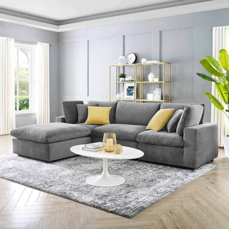 Commix Down Filled Overstuffed Performance Velvet 4-Piece Sectional Sofa in Gray, EEI-4818-GRY