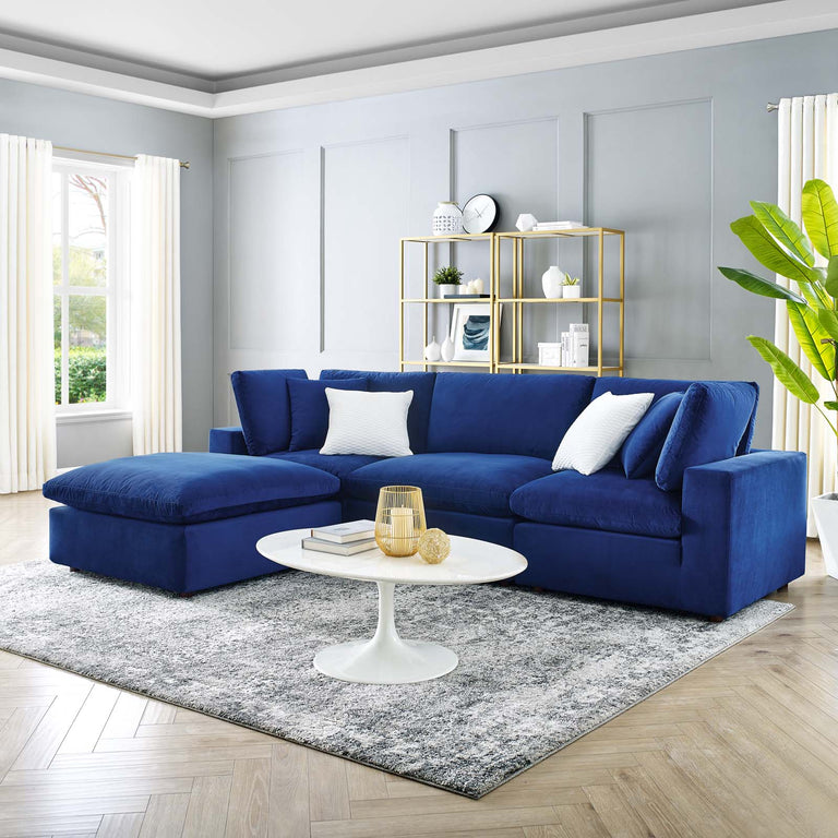 Commix Down Filled Overstuffed Performance Velvet 4-Piece Sectional Sofa in Navy, EEI-4818-NAV