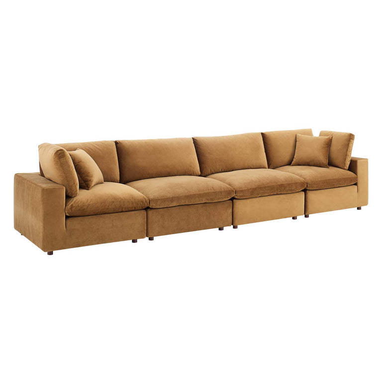 Commix Down Filled Overstuffed Performance Velvet 4-Seater Sofa in Cognac, EEI-4819-COG