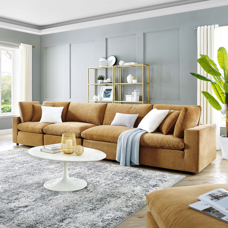 Commix Down Filled Overstuffed Performance Velvet 4-Seater Sofa in Cognac, EEI-4819-COG
