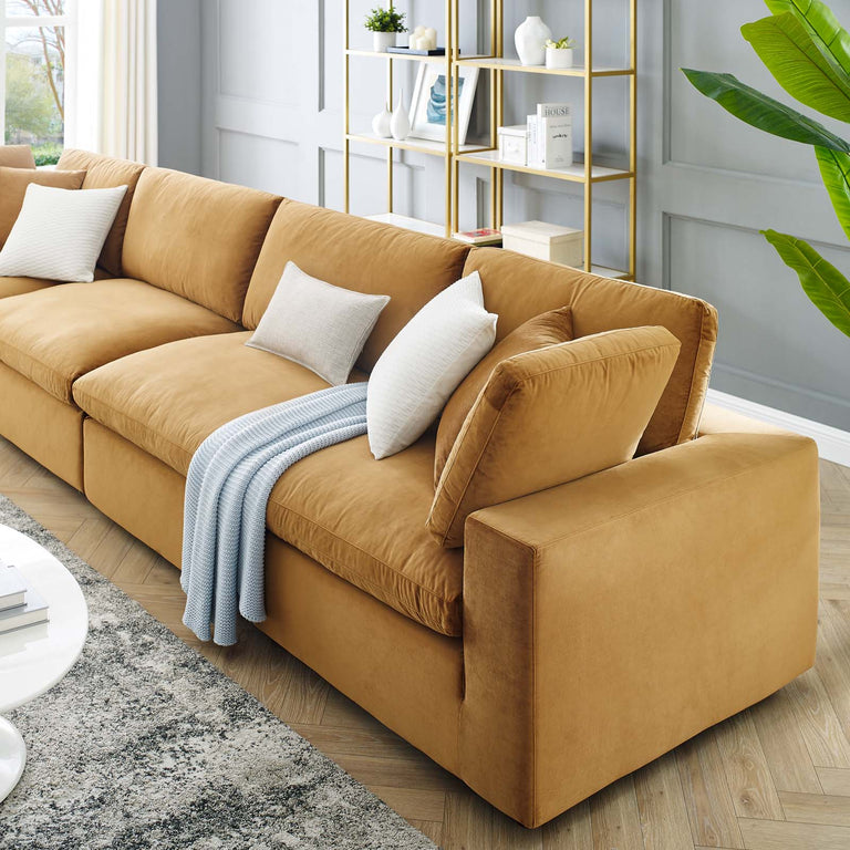 Commix Down Filled Overstuffed Performance Velvet 4-Seater Sofa in Cognac, EEI-4819-COG