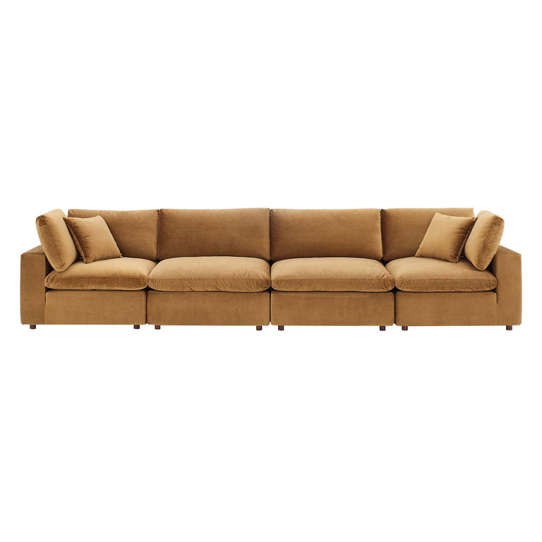 Commix Down Filled Overstuffed Performance Velvet 4-Seater Sofa in Cognac, EEI-4819-COG