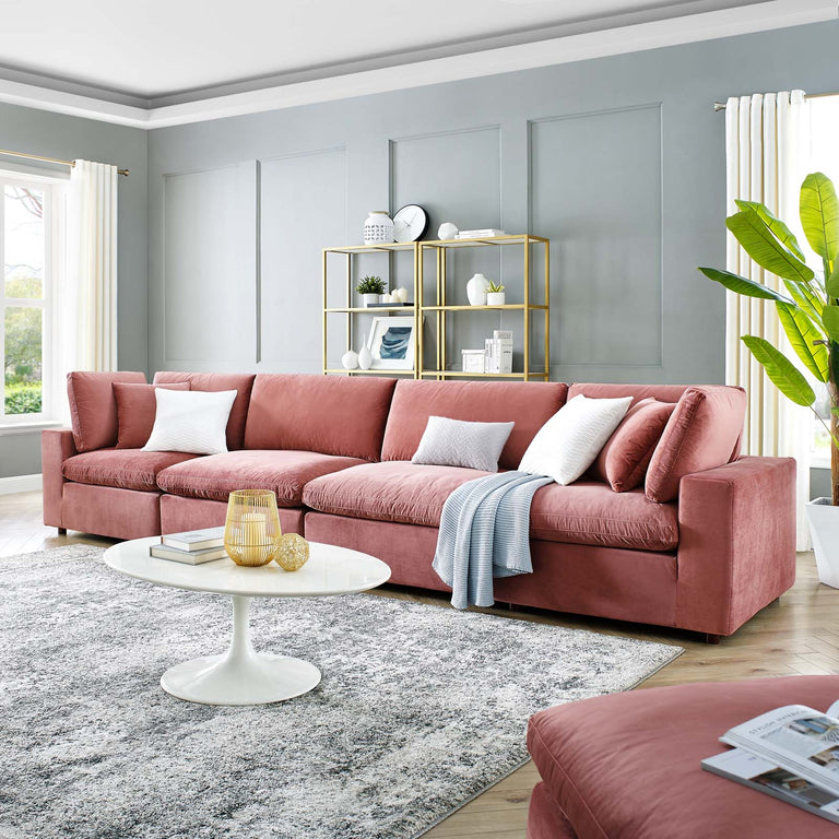 Commix Down Filled Overstuffed Performance Velvet 4-Seater Sofa in Dusty Rose, EEI-4819-DUS