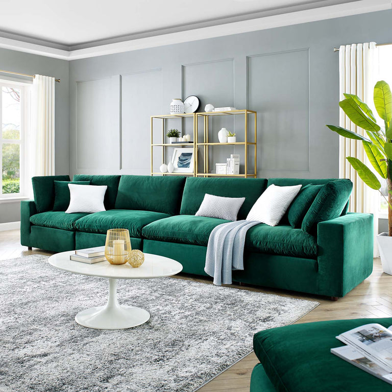 Commix Down Filled Overstuffed Performance Velvet 4-Seater Sofa in Green, EEI-4819-GRN