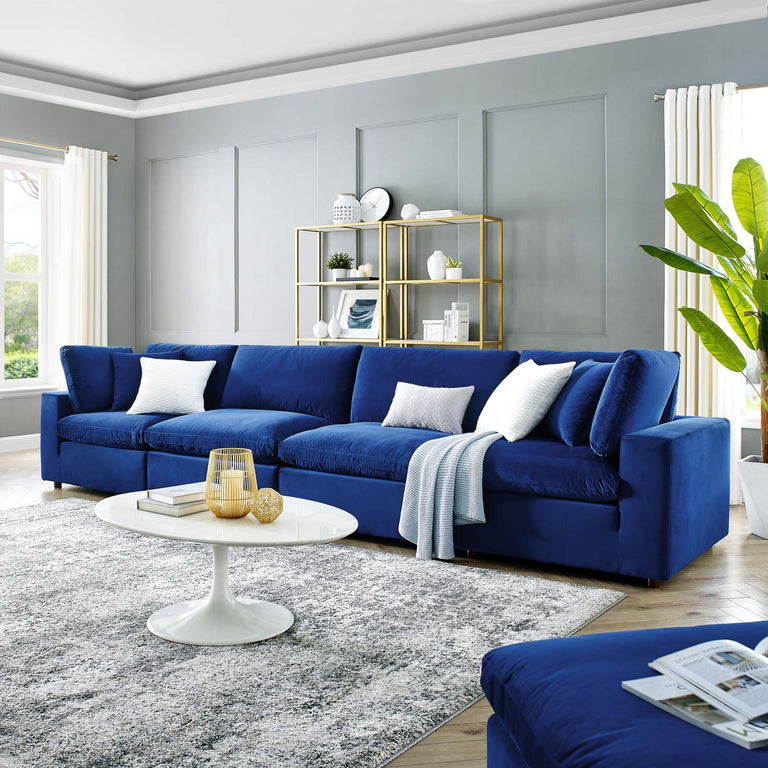 Commix Down Filled Overstuffed Performance Velvet 4-Seater Sofa in Navy, EEI-4819-NAV