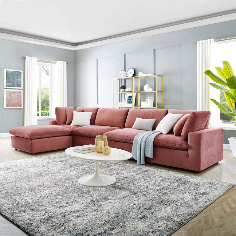 Commix Down Filled Overstuffed Performance Velvet 5-Piece Sectional Sofa in Dusty Rose, EEI-4820-DUS