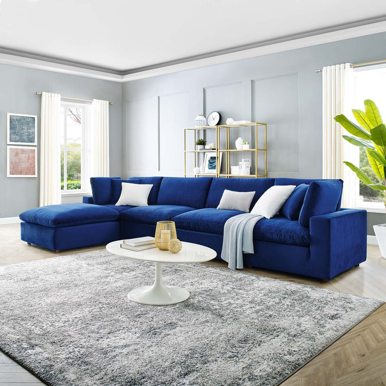 Commix Down Filled Overstuffed Performance Velvet 5-Piece Sectional Sofa in Navy, EEI-4820-NAV