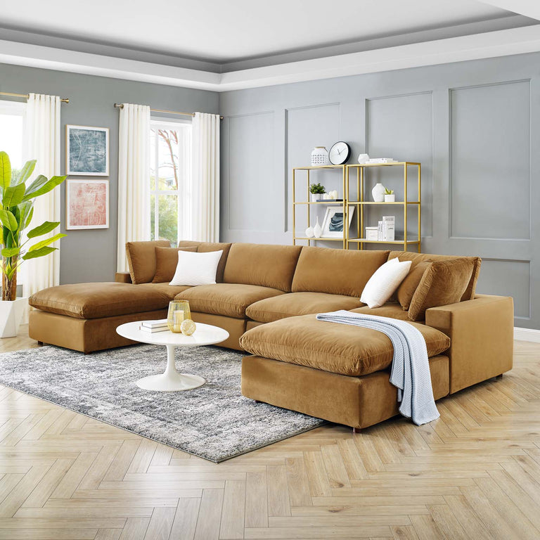 Commix Down Filled Overstuffed Performance Velvet 6-Piece Sectional Sofa in Cognac, EEI-4821-COG