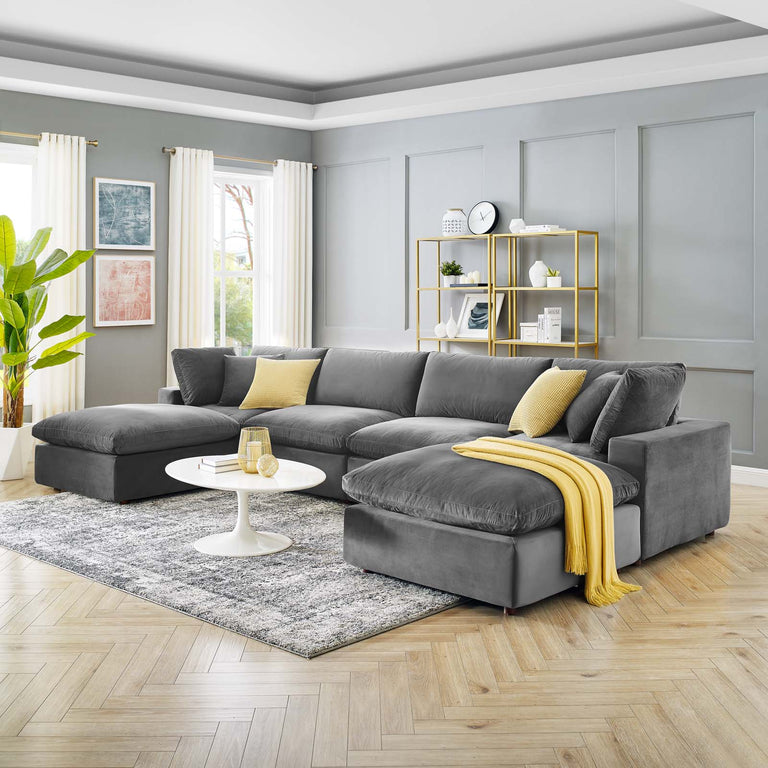Commix Down Filled Overstuffed Performance Velvet 6-Piece Sectional Sofa in Gray, EEI-4821-GRY