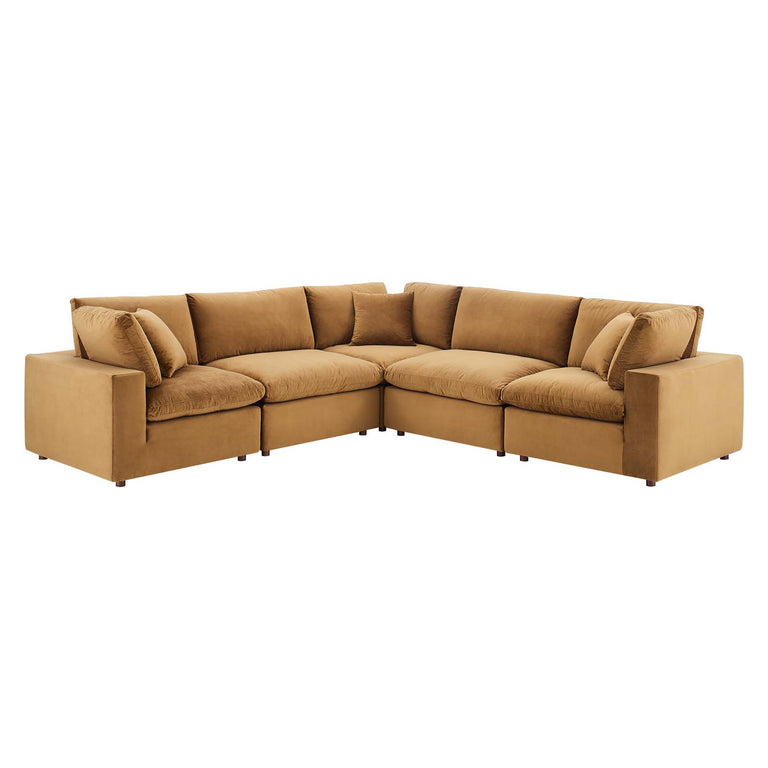 Commix Down Filled Overstuffed Performance Velvet 5-Piece Sectional Sofa in Cognac, EEI-4823-COG