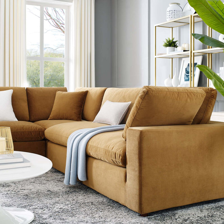 Commix Down Filled Overstuffed Performance Velvet 5-Piece Sectional Sofa in Cognac, EEI-4823-COG